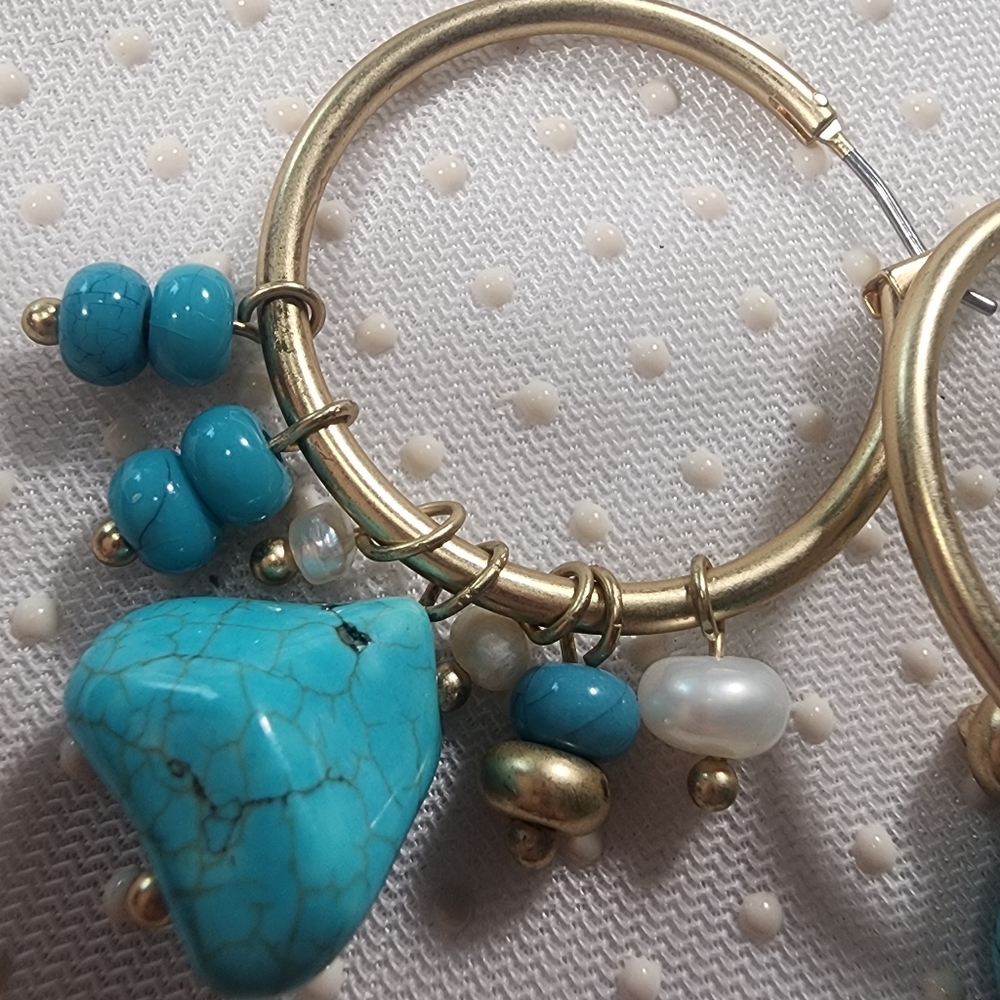 Turquoise and Gold- Tone  Hoop Earrings Bohemian and Trendy - Picture 4 of 6